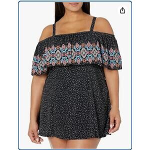 Fit 4 U Black Maya Border Off The Shoulder Dress One Piece Swimsuit Size 14